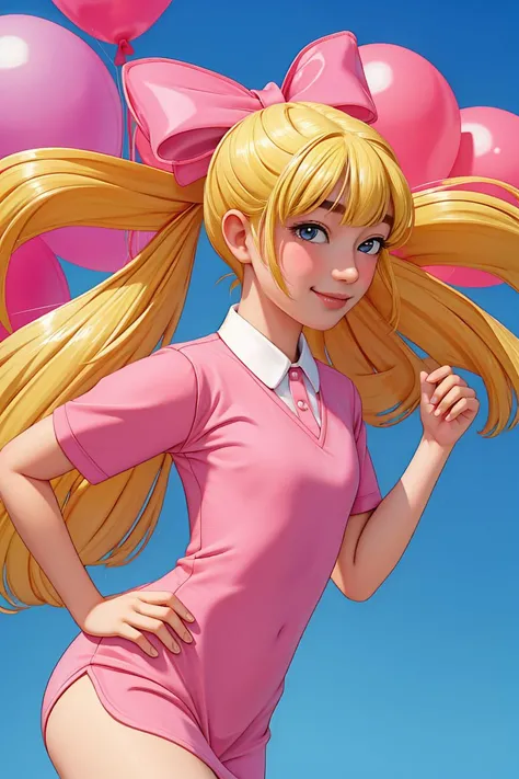 (masterpiece:1.4), (best quality:1.4), (high resolution:1.4), cartoon style, adult, 20yo, HelgaPataki, sassy smile, twintails, blonde hair, pink ribbon, pink dress, hair bow, cowboy shot, looking at viewer, small breasts, tall, slim, wide hips, artstation ...