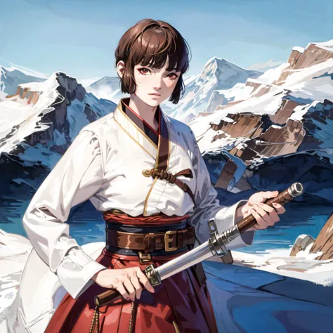 anime girl with sword in front of snowy mountains with blue sky