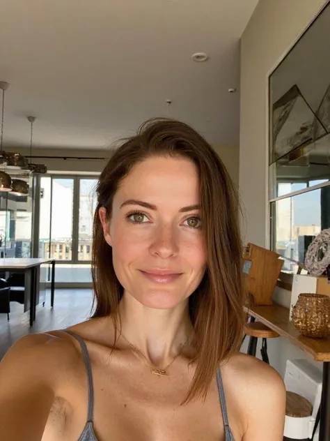 a woman, house apartment with loft-style decor, real photo, best quality, masterpiece, realism, photorealistic, a person takes selfie of self, picture face focused, looking at camera, detailed shoulders, detailed eyes