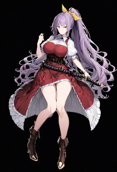 masterpiece, best quality, ultra-detailed, beautiful, nai3, 1girl, solo, full_body, tachi-e, 
watatsuki_no_yorihime, solo, 1girl, lace, purple_hair, long_hair, hair_ribbon, yellow_ribbon, single_strap, loose_belt, bangs, red_eyes, large_breasts, white_shir...