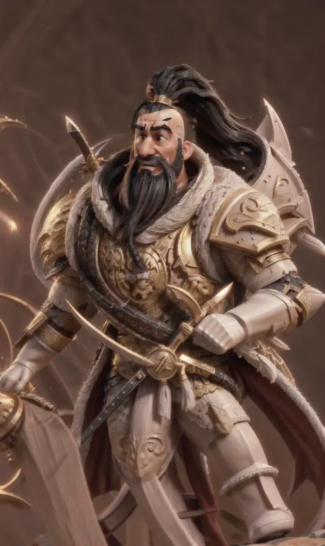 (((khan, Jaghatai Khan, white and gold Armor, curved sword, scimitar ,))), white scar, (((black hair, black long Goatee beard, ponytail, proud, mongol, ))), ((medium long, motion,)),
masterpiece, best quality, hyperrealistic, extremely detailed, highly qua...