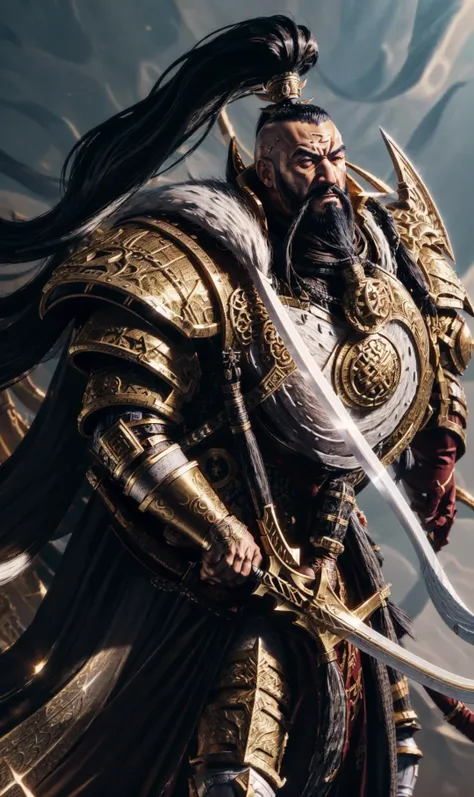 (((khan, Jaghatai Khan, white and gold Armor, curved sword, scimitar ,))), white scar, (((black hair, black long Goatee beard, ponytail, proud, mongol, ))), ((medium long, motion,)),
masterpiece, best quality, hyperrealistic, extremely detailed, highly qua...