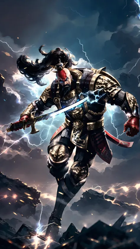 a man in armor holding a sword in front of a lightning