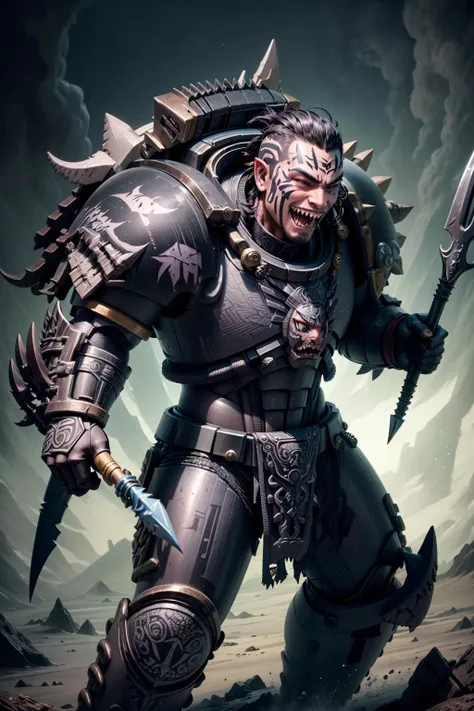 smilling, sharp teeth, photo of 1boy, maori warrior, carcha, full armor, black armor, armor detail, (shark teeth details:1.1) spear , claws(weapon), ((intricate maori face tattoo:1.1)), primaris, <lora:tool - add_detail:1> <lora:CARCHARODONS MK4.5 by CARAX...