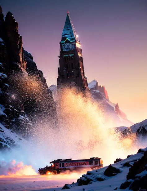 an achingly beautiful print of a train in front of the matterhorn by raphael, hopper, and rene magritte. detailed, golden ratio, romantic, vibrant, enchanting, trending on artstation  itzp and greg rutkowski and, mucha