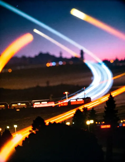 8 0 s movie still, cinema still, train passing by at night while bright city is in the background, 3 5 mm film photography, 8 k resolution, arri 3 5 mm cinema, hyperrealistic, photorealistic, high definition, highly detailed, tehnicolor, anamorphic lens, a...