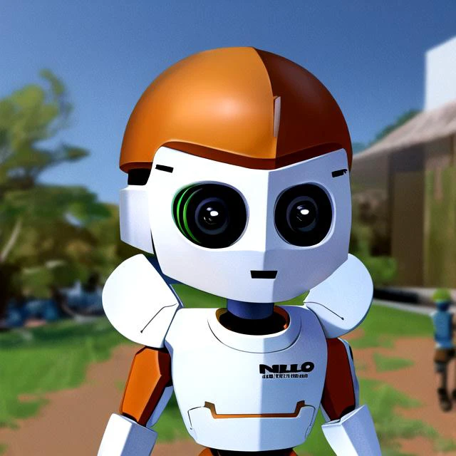 a close up of a robot with a helmet on standing in a field