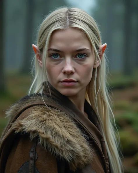 cinematic photo of a young elf shaman woman, 19 years old, pale skin, blonde long hair, short small pointed ears, stunning beaut...