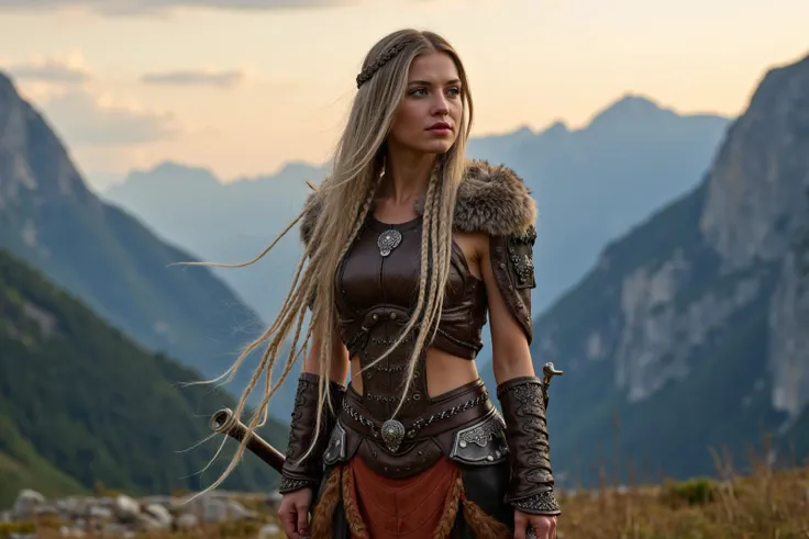 a beautiful barbarian queen standing tall in a majestic mountainous landscape. she has long, flowing hair adorned with multiple ...