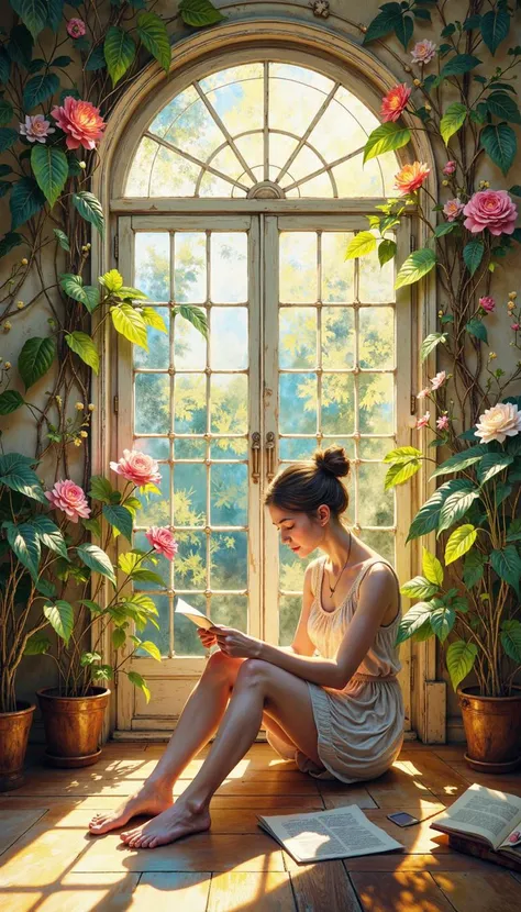 DB4RZ,DB4RZ style painting,a hand-drawn sketch and watercolor style,opalescent inlay,DIGITAL PAINTING,FLUORESCENT, GLOW, A young woman, bathed in the refulgent glow of morning sunlight streaming through a paned glass door, sits on the floor of a sunroom. H...