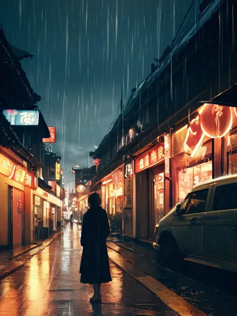 score_9,score_8_up,score_7_up,score_6_up,score_5_up,score_4_up,A wide angle photograph of cinematic street scene at night in tokyo. In the frame is a sad and beautiful japanese woman waiting at a bus stop in Tokyo at night for the lover that will never com...