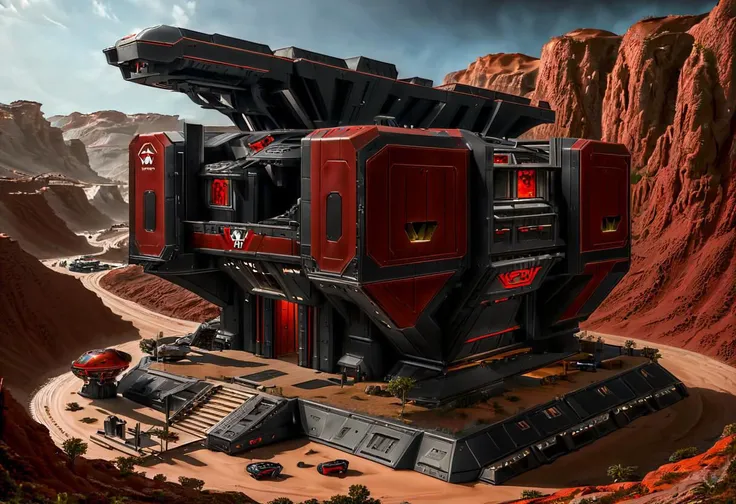 red and black sci-fi large boxy Tiberian outpost with hanger ,scifistyle, cinematic scifi, outdoors, scenery, mars science_fiction, art by mooncryptowow