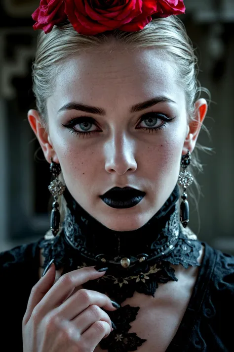 gothic makeup, dark elegance, (pale skin:1.1), black lipstick, heavy eyeliner, (overexposed:-1), deep shadows, intricate lace pa...