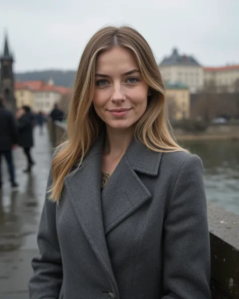 cinematic pphoto from above, waist up shot, sharp focus, a beautiful (czech:1.3) woman in foreground, in prague, at the charles ...