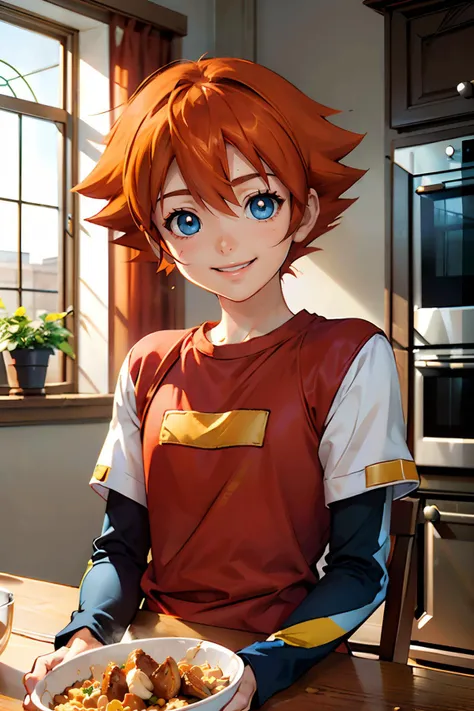 ChrisT, boy, red t-shirt, white sleeves, blue eyes, orange hair, spiked hair, looking at viewer, happy, smiling, 
sitting, interior of a fancy kitchen, hands on table, eating a bowl of cereal, milk, playful ambiance,  extreme detail, hdr, beautiful quality...