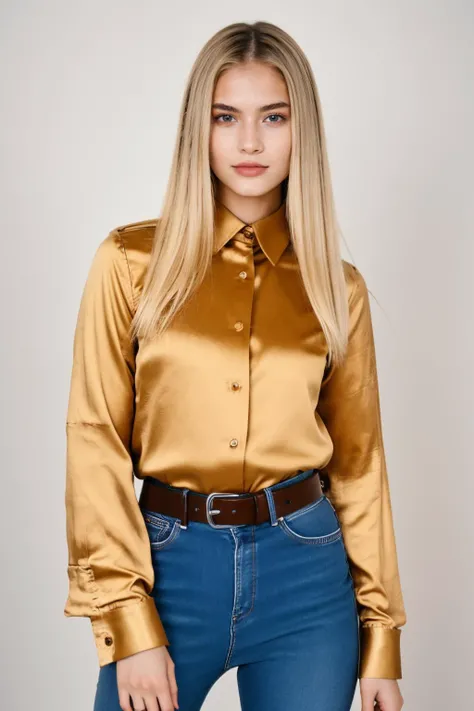 a RAW photograph of a smart looking 1girl, 20yo fashion designer, wearing a s1lksh1rt, long sleeves, beige silk shirt, <lora:s1lksh1rt:0.75>, shirt tucked in, jeans, belt, long platinum blonde hair, stunning brown eyes, warm and sensual smile, slender figu...