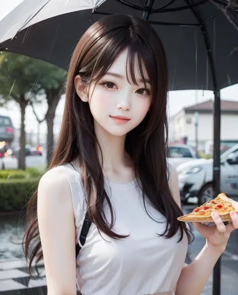 a close up of a woman holding a slice of pizza under an umbrella