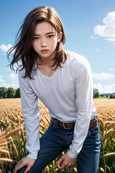 arafed woman in a white shirt and jeans standing in a wheat field