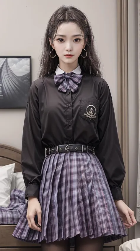 a woman in a black shirt and plaid skirt posing for a picture