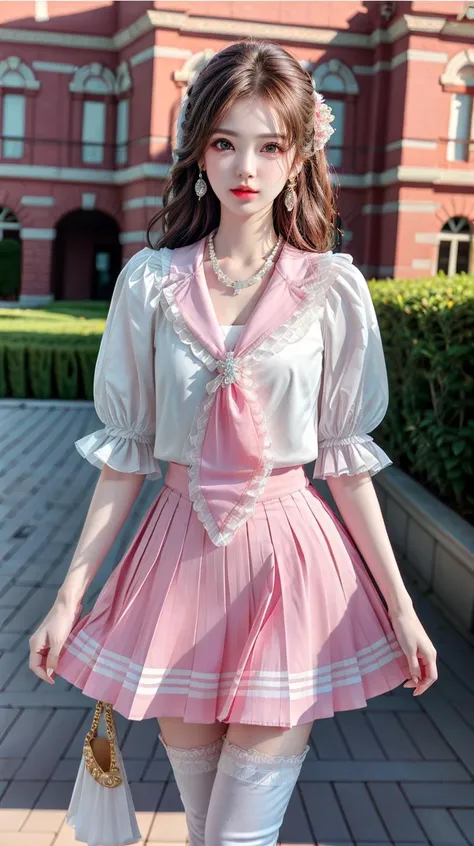 a woman in a pink dress and white stockings is walking