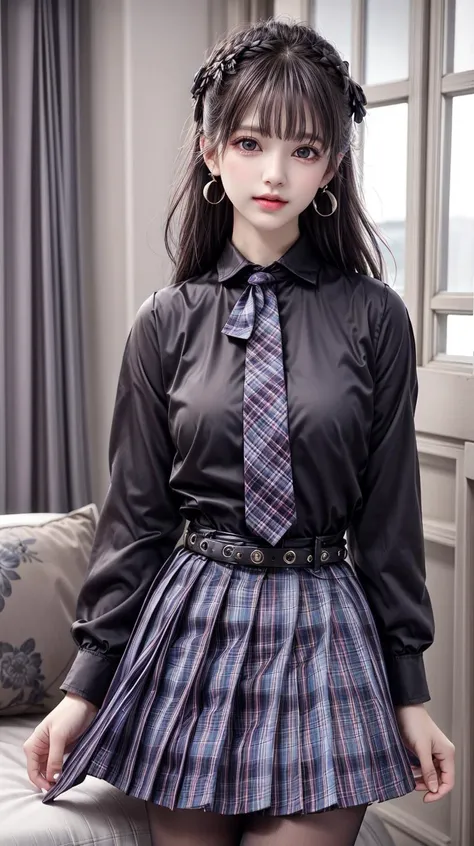 arafed asian woman in a plaid skirt and black shirt