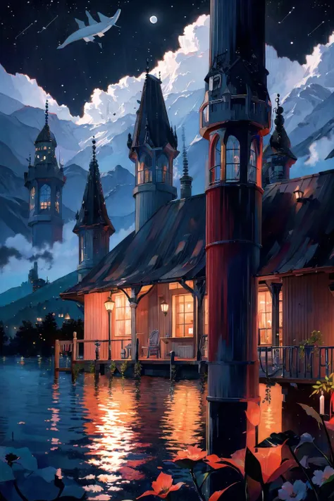 anime scenery of a house by the water with a clock tower