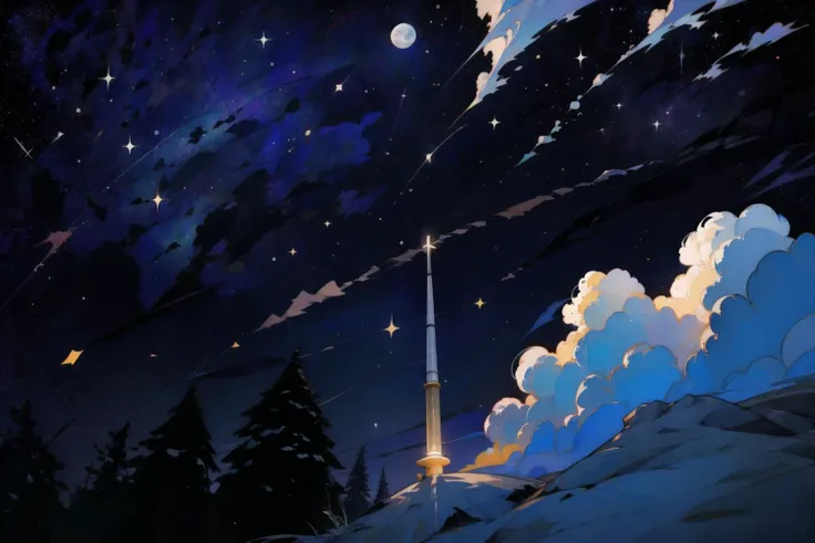 night sky with stars and clouds and a tower in the distance