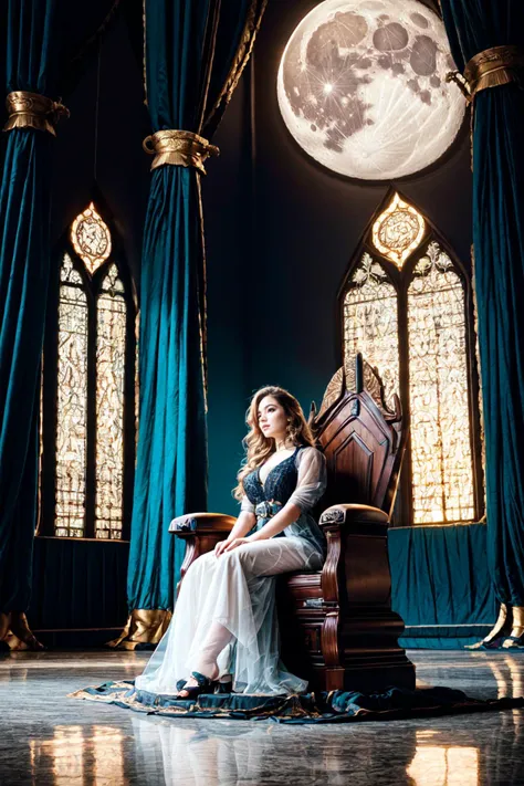 a woman sitting on a chair in front of a full moon