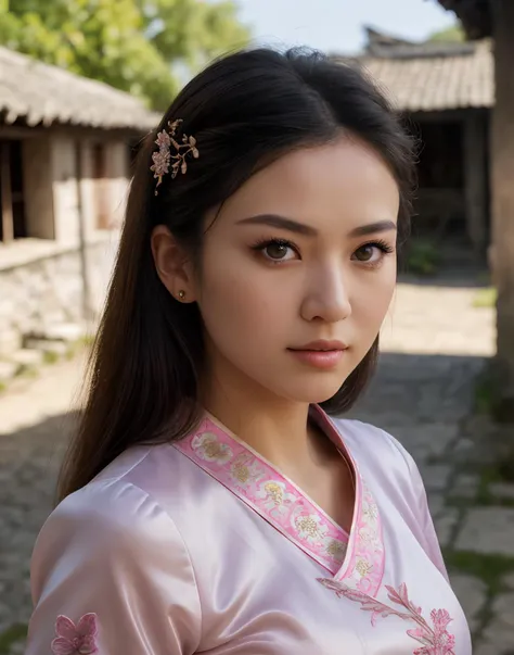 Upper Body Photo. Cute beautiful female. Standing in an old traditional village.  Wearing pink cheongsam. Wispy Two-Tier Straight Hairstyle. Hair ornament. Light makeup. (detailed face, perfect face, perfect eyes, realistic eyes, expressive eyes). Looking ...