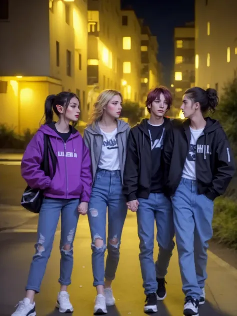 three young women standing next to each other on a sidewalk