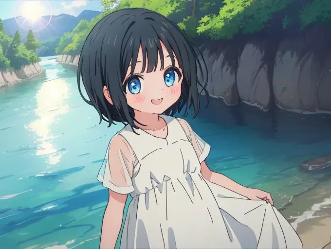 1girl, 
KaoAkebiR4,akebi_kao ,
black hair, blue eyes, short hair ,
white_dress,wet,
happy,smile,
dress_lift  ,
outdoors,river,sun,
cowboy_shot,
<lora:KaoAkebiR4:0.7>