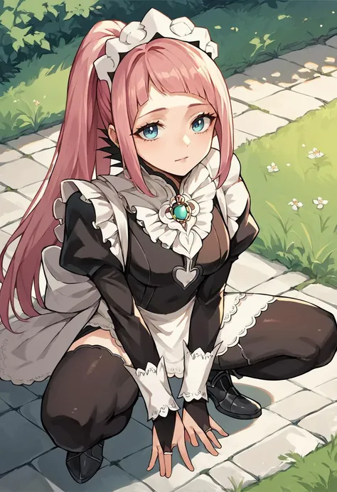 score_9, score_8_up, score_7_up, source_anime, 1girl <lora:felicia-fe-richy-v1_xl:1> feliciadef, pink hair, ponytail, blue eyes, maid headdress, brooch, maid apron, black thighhighs, bridal gauntlets, outdoors, squatting, looking at the viewer