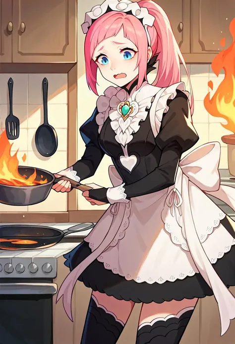 score_9, score_8_up, score_7_up, 1girl, solo, feliciadef, pink hair, ponytail, blue eyes, maid headdress, brooch, maid apron, black thighhighs, bridal gauntlets, kitchen, cooking, wavy mouth, open mouth, panicking, frying pan, on fire, <lora:felicia-fe-ric...