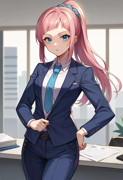 anime girl in a business suit standing in an office