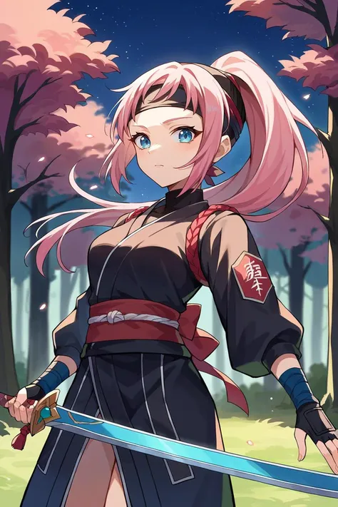 score_9, score_8_up, source_anime, 1girl, solo,  <lora:felicia-fe-richy-v1_pdxl:1> feliciarnd, pink hair, ponytail, blue eyes, ninja uniform, black kimono, furrowed brow, headband, holding ninja sword, night sky, forest, looking at viewer