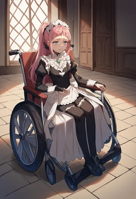 anime girl in a wheelchair with a pink hair and a white dress