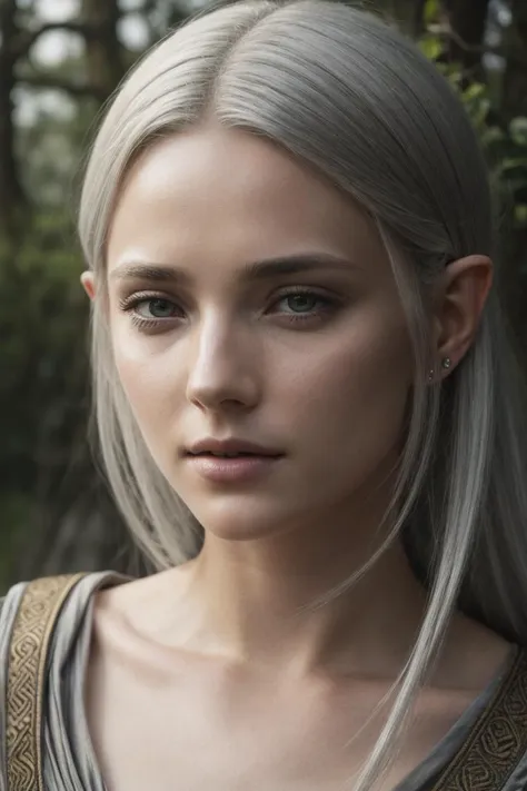 detailed face, detailed eyes, clear skin, clear eyes, lotr, fantasy, elf, female, silver hair, looking at viewer, portrait, photography, detailed skin, realistic, photo-realistic, 8k, highly detailed, full length frame, High detail RAW color art, piercing,...