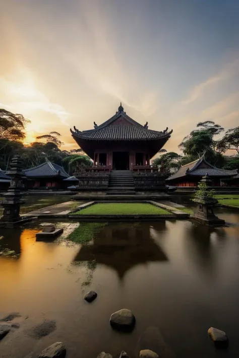 a view of a pagoda with a pond in front of it