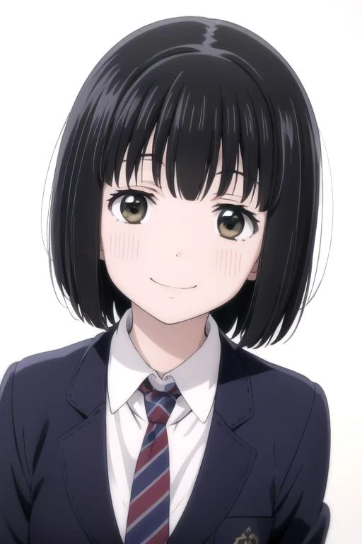 solo, 1girl, looking at viewer, 2D, anime, anime coloring, upper body, (solid white background:1.3), <lora:koguma-supercub-01:0.8>, koguma, blazer, necktie, smile