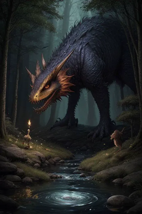 a dragon is standing in the woods next to a stream