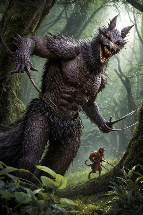 a man and a woman are walking through a forest with a giant monster