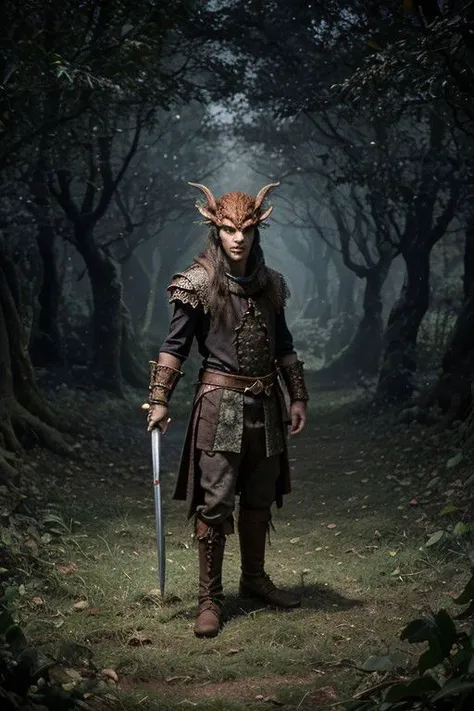 a man in a horned costume holding a sword in a forest