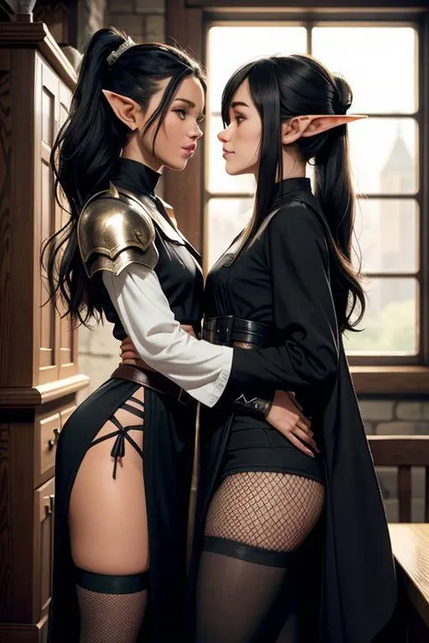 twin girls, young elf women, elegant, tall, muscular, athletic, chiseled face, dark tan caramel skin, scars, dimples, black hair, long hair, high ponytail without bangs, hair reach to hips, sophisticated, friendly, guild master, wearing a black cotton robe...