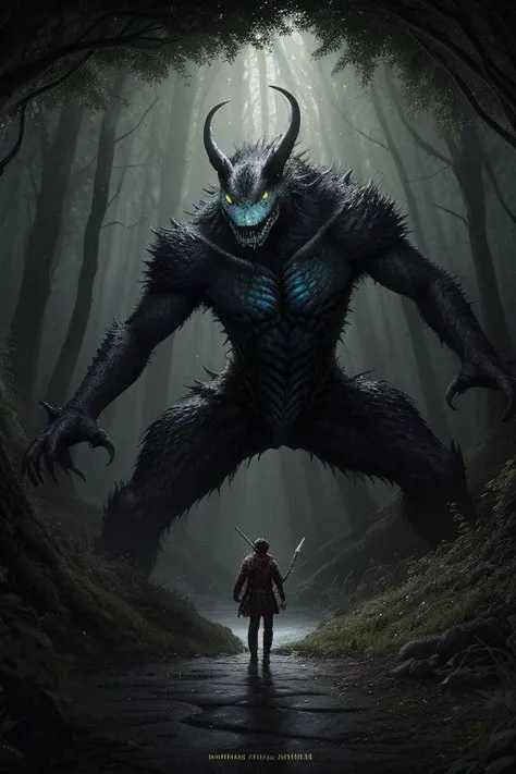 a man standing in front of a monster in the woods