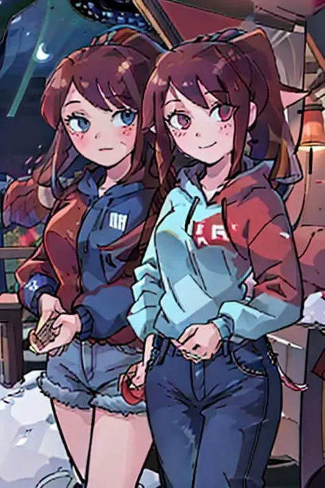 two anime girls standing next to each other in front of a building