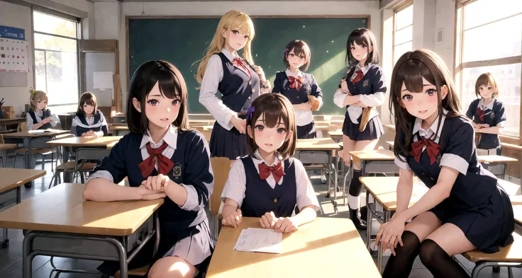 there are many girls in school uniforms sitting at desks