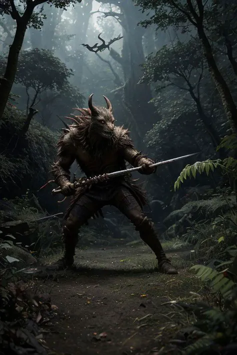 a man in a horned costume holding a sword in the woods