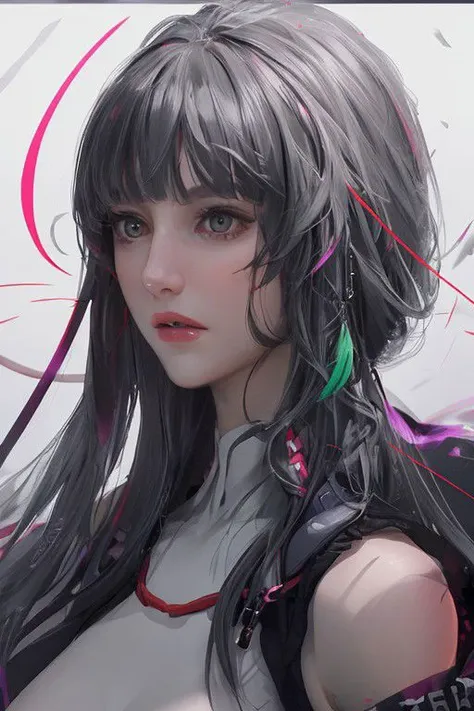 anime girl with long hair and a black top with pink and green feathers