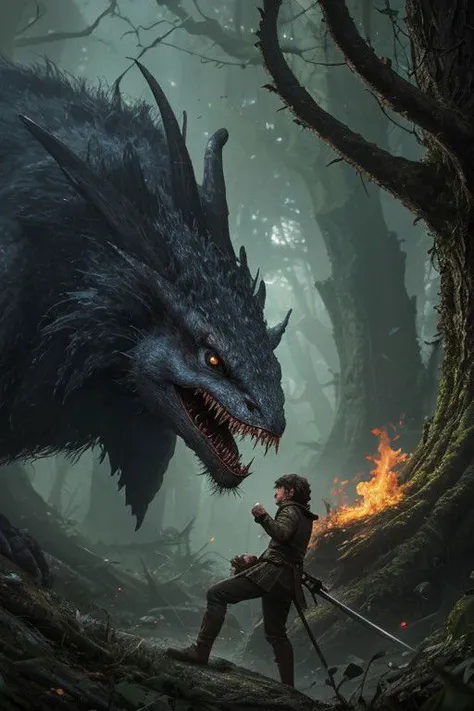 a man standing in front of a giant black dragon in the woods