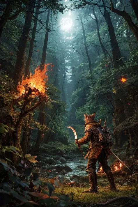 a man in a forest with a sword and fire